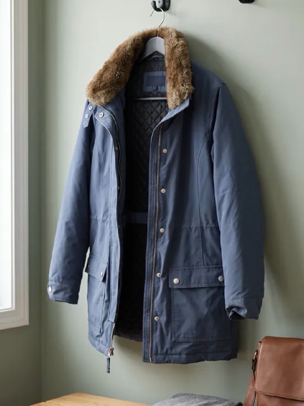 Land’s End Y2K - Classic Women’s Blue Utility Jacket with Faux Fur Collar